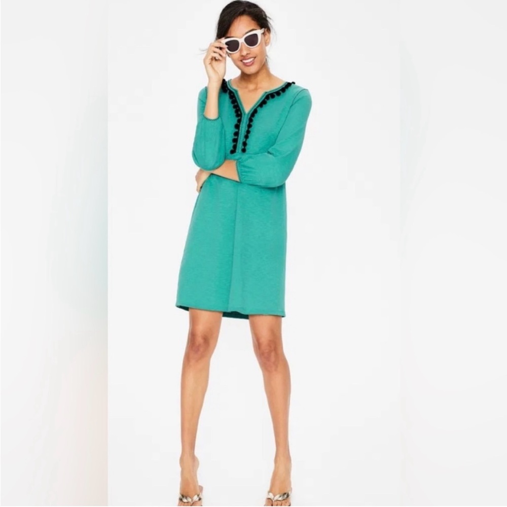 BODEN Carina Jersey Tunic - Chic Aqua Summer Dress with Navy Pom Poms